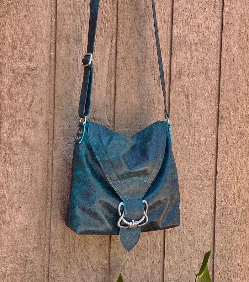 Vintage Teal Distressed leather bag, Celtic Crossbody