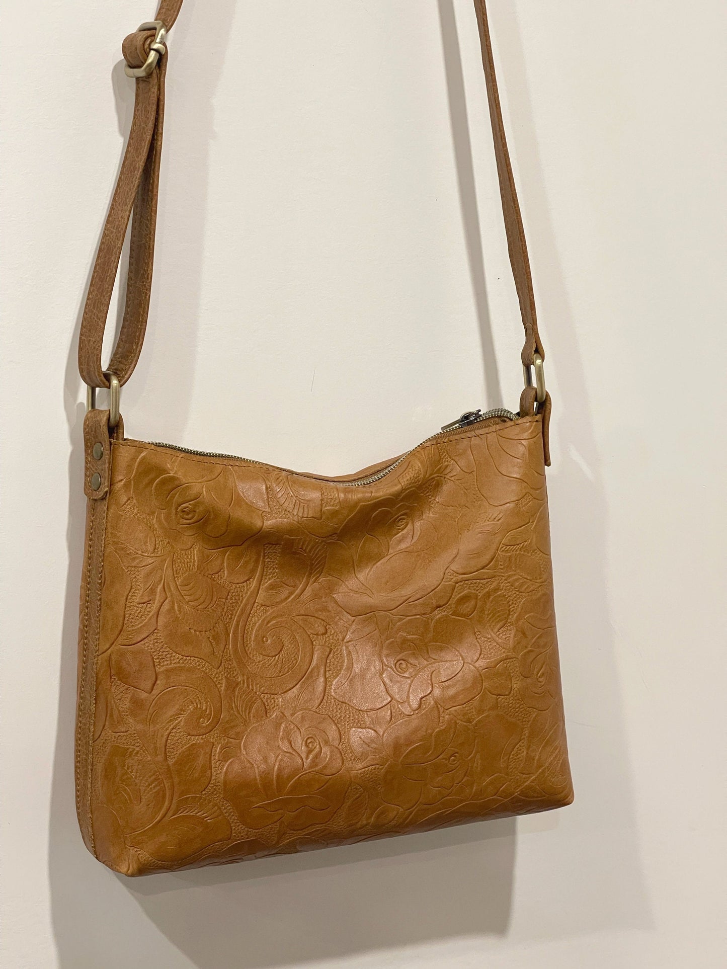 Tooled Natural Tan Leather Rustic Crossbody Bag, Embossed Floral IN STOCK