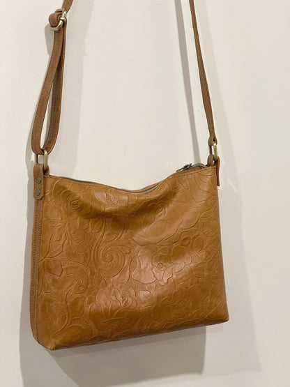 Tooled Natural Tan Leather Rustic Crossbody Bag, Embossed Floral IN STOCK