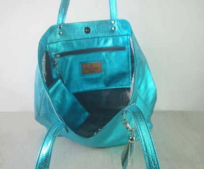 Metallic Turquoise Leather Tote, free leather zipper purse