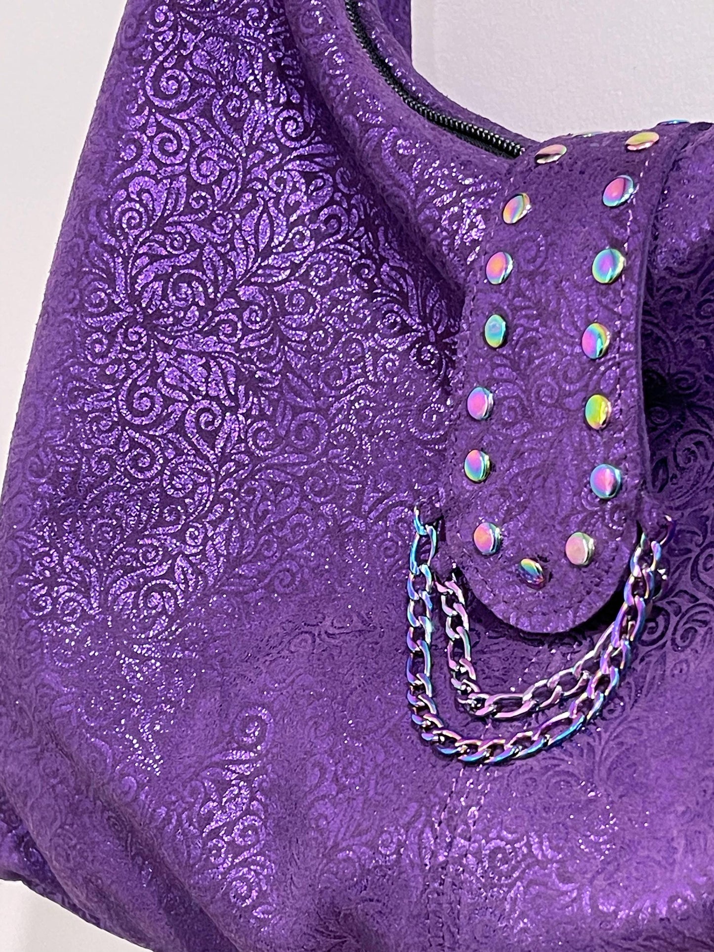Metallic Purple Soft Italian Hobo, fine florentine design on surface, zip pockets