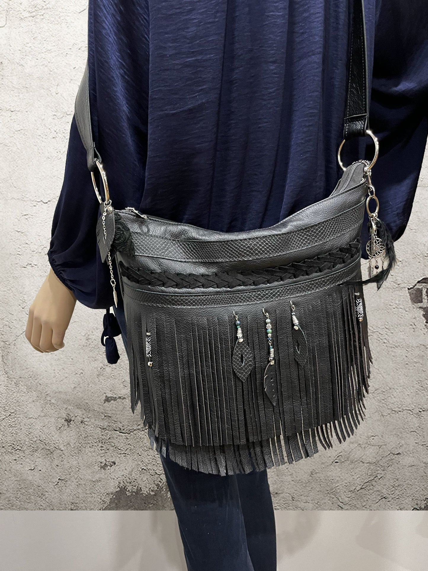 Black Double Fringe Bag, boho braided leather