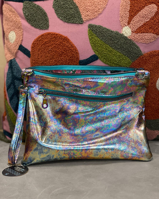 Metallic Oil slick Leather Zipper Wristlet or crossbody
