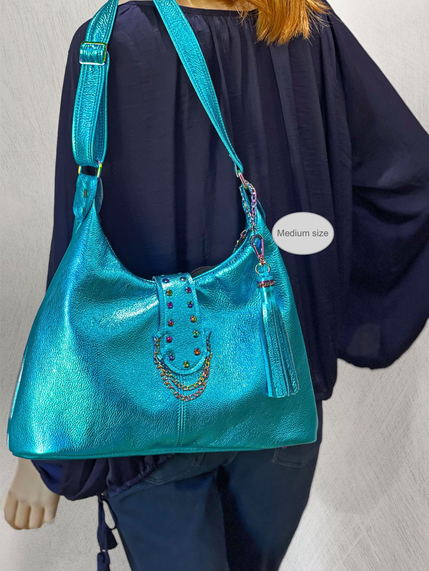 Rainbow hardware Metallic turquoise Italian Hobo, 2 sizes