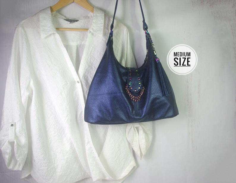 Metallic Purple Italian Hobo Shoulder Bag with Rainbow hardware