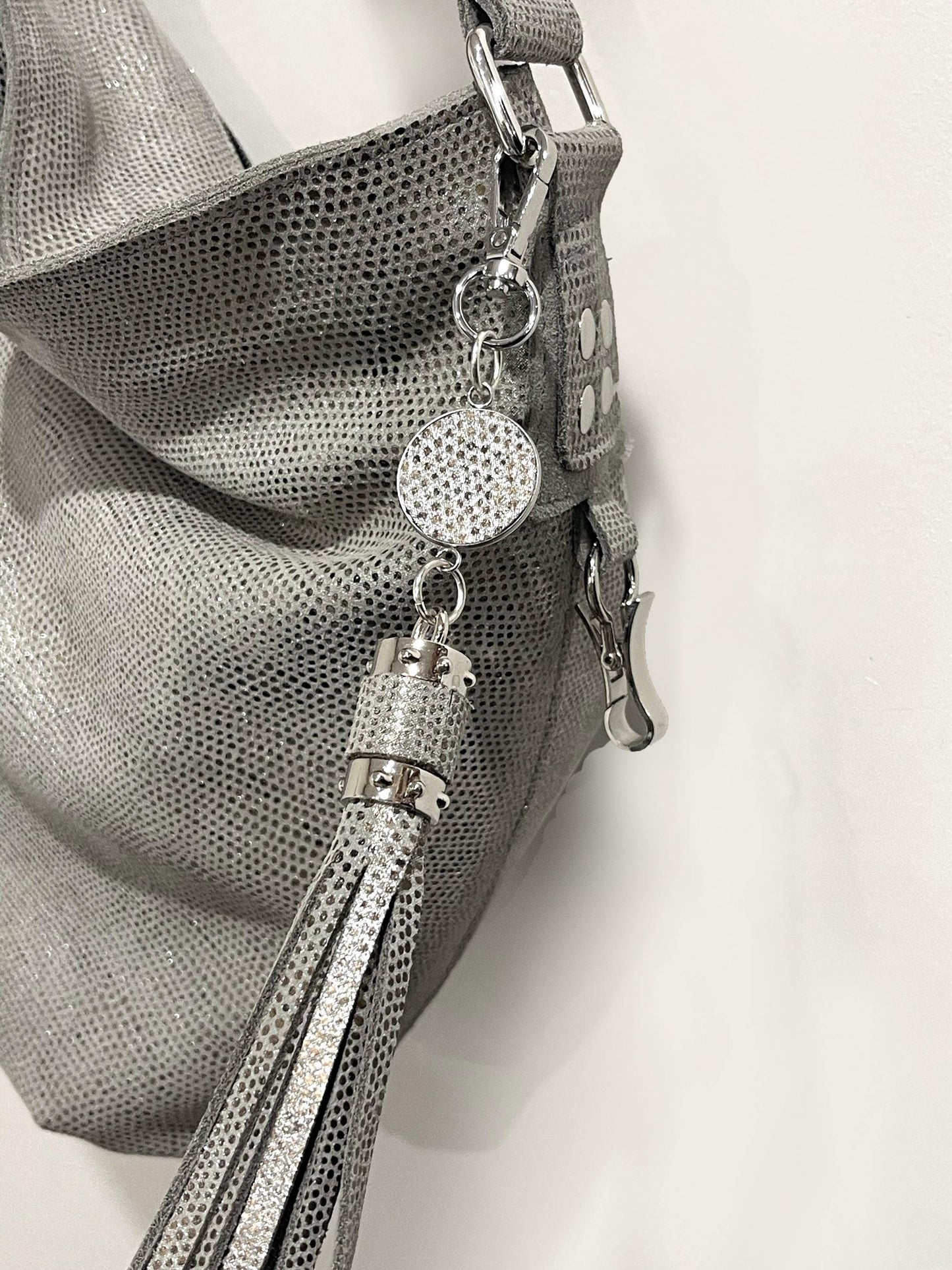 Silver Shimmer on Grey Print Hobo Bag, adjustable shoulder bag