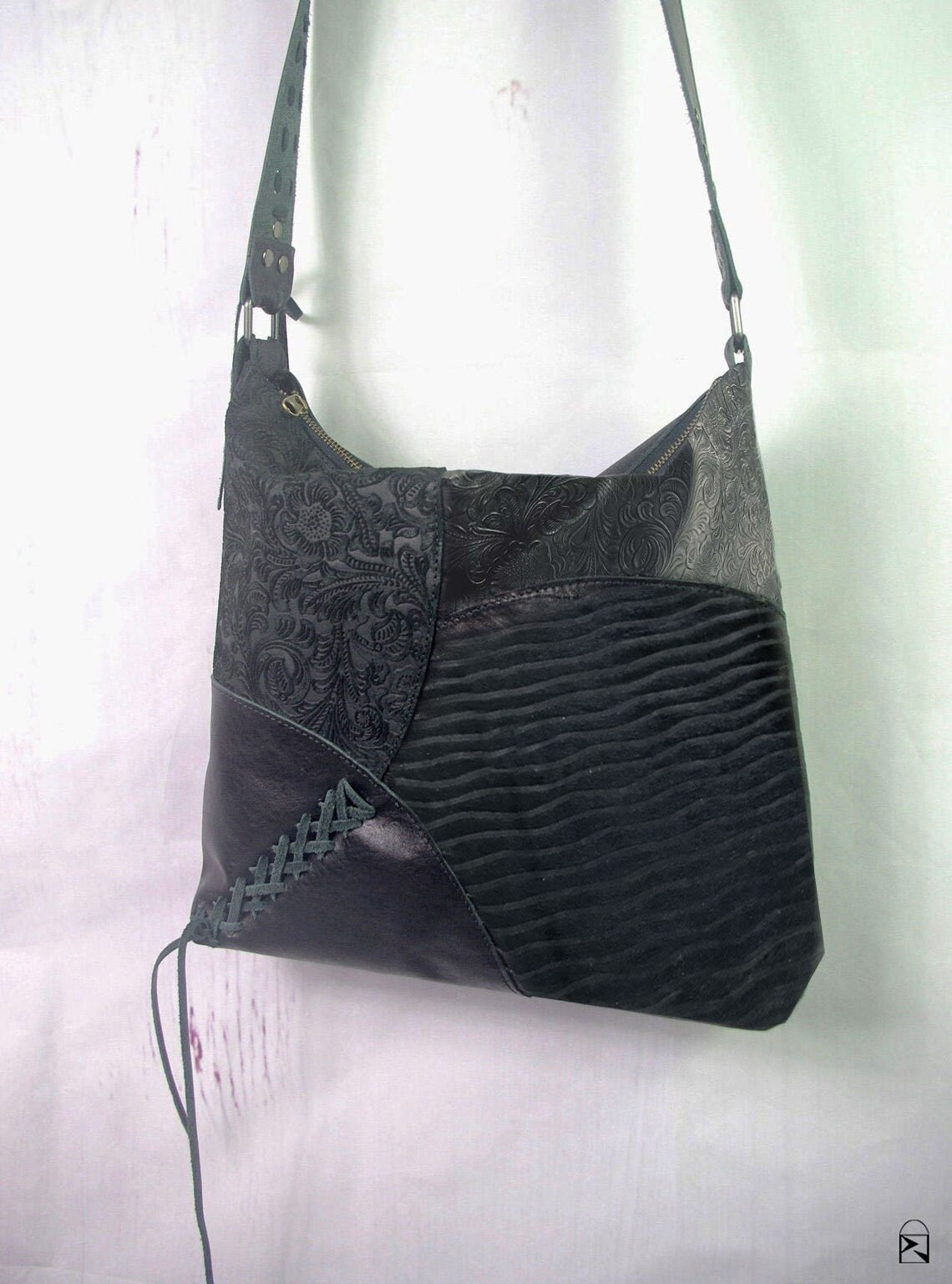Black Tooled leather crossbody, Boheme artisan leather Bag