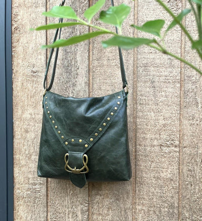 Deep green Celtic leather Crossbody bag with rivets