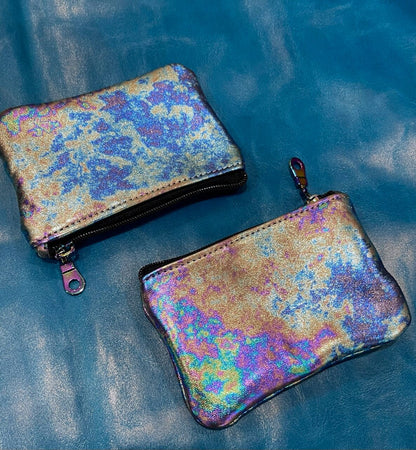 Metallic Oil slick Leather Zipper Purse