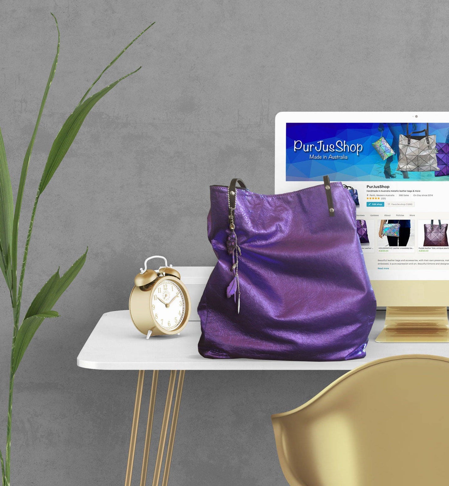 Leather Tote Metallic purple, leather zipper pocket and free purse