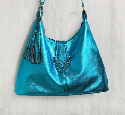 Rainbow hardware Metallic turquoise Italian Hobo, 2 sizes
