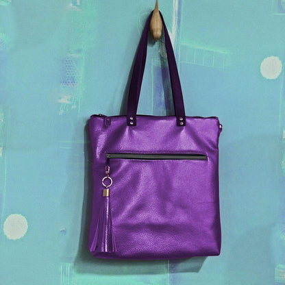 Purple Metallic Leather Backpack with Optional Tote Straps