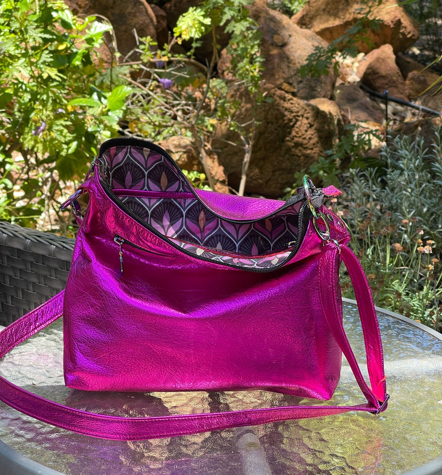 Metallic fuchsia pink crossbody bag