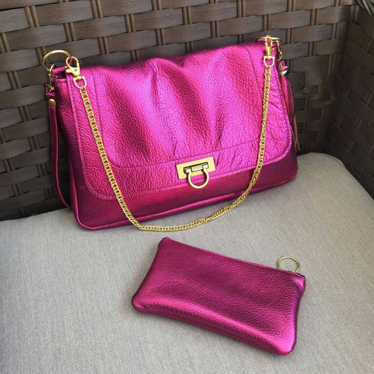 Hot Pink Metallic Leather crossbody with turn clasp close