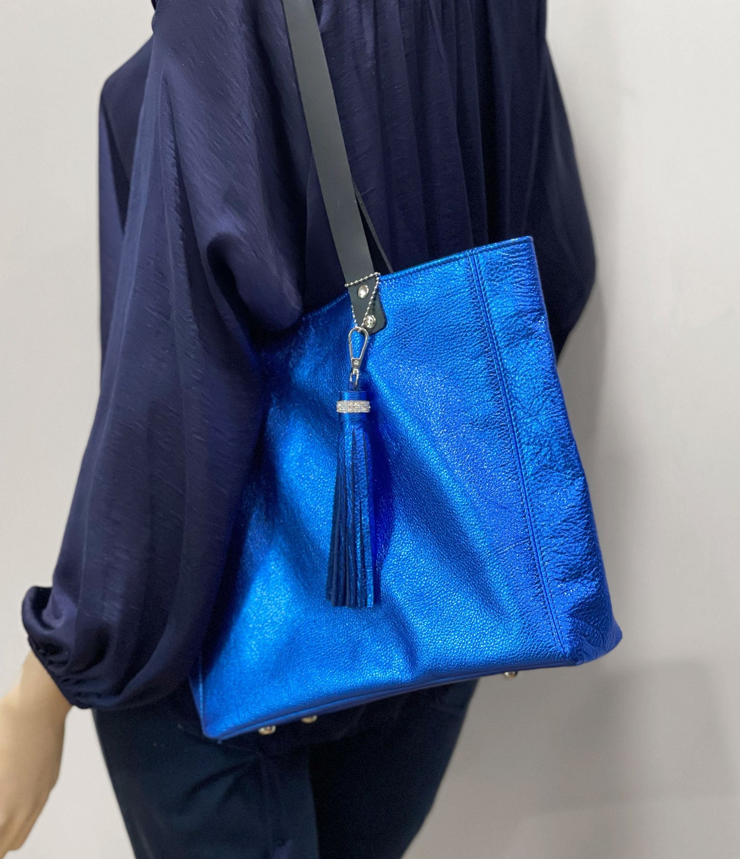 Metallic Cobalt Leather Tote, Soft relaxed luxury metallic leather, free leather purse, electric blue