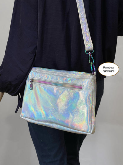 Holographic Silver flap over Messenger bag, premium Italian holo leather, Iridescent