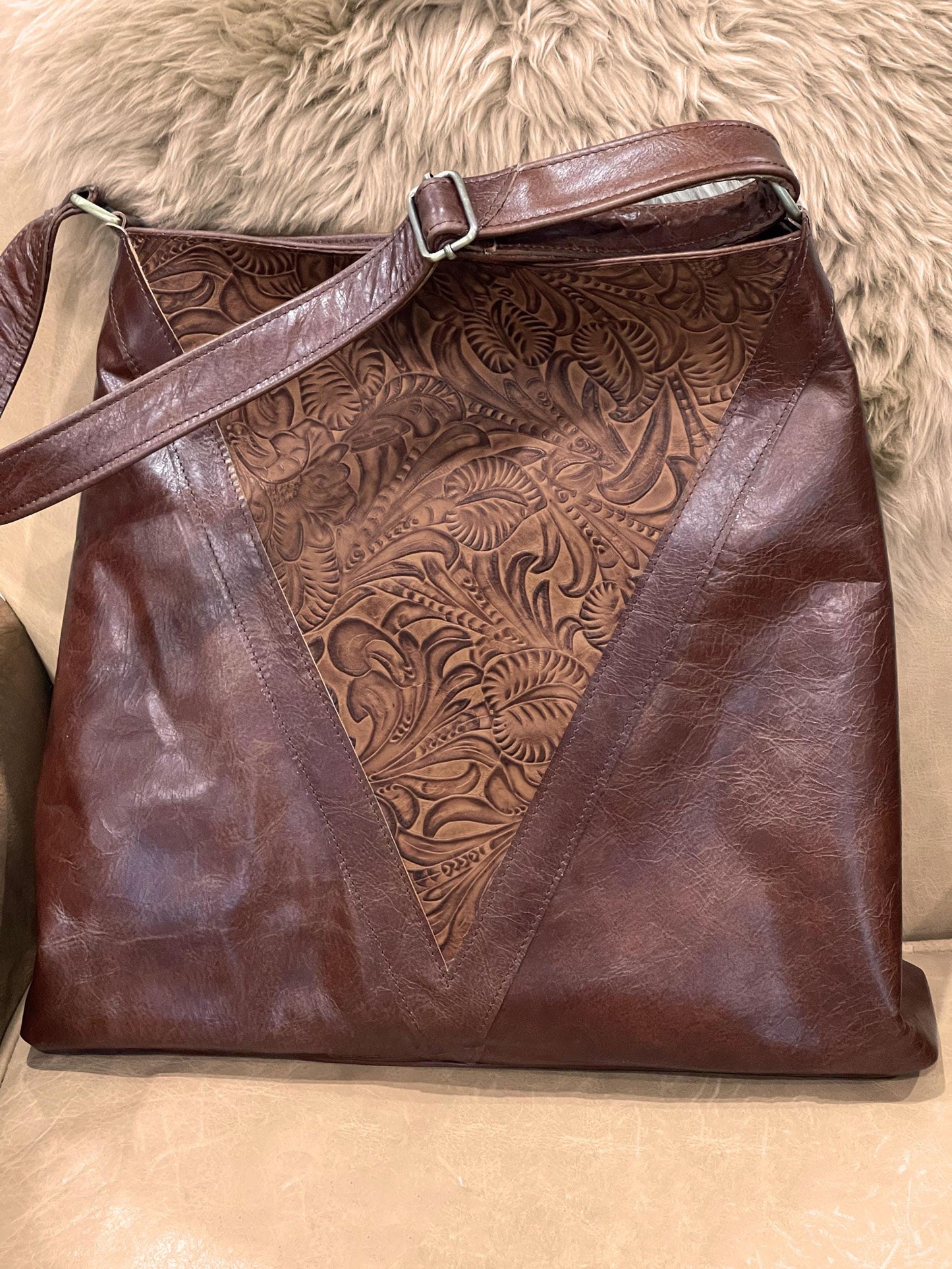 Brown tooled leather Hobo bag, Premium Leather, flower and leaf design IN STOCK