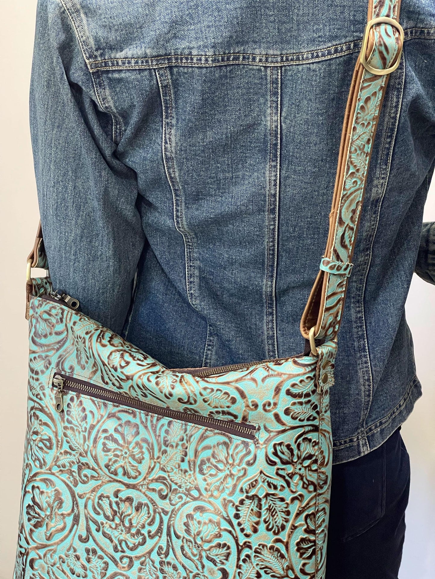 Tooled Turquoise Leather Crossbody Bag, Embossed