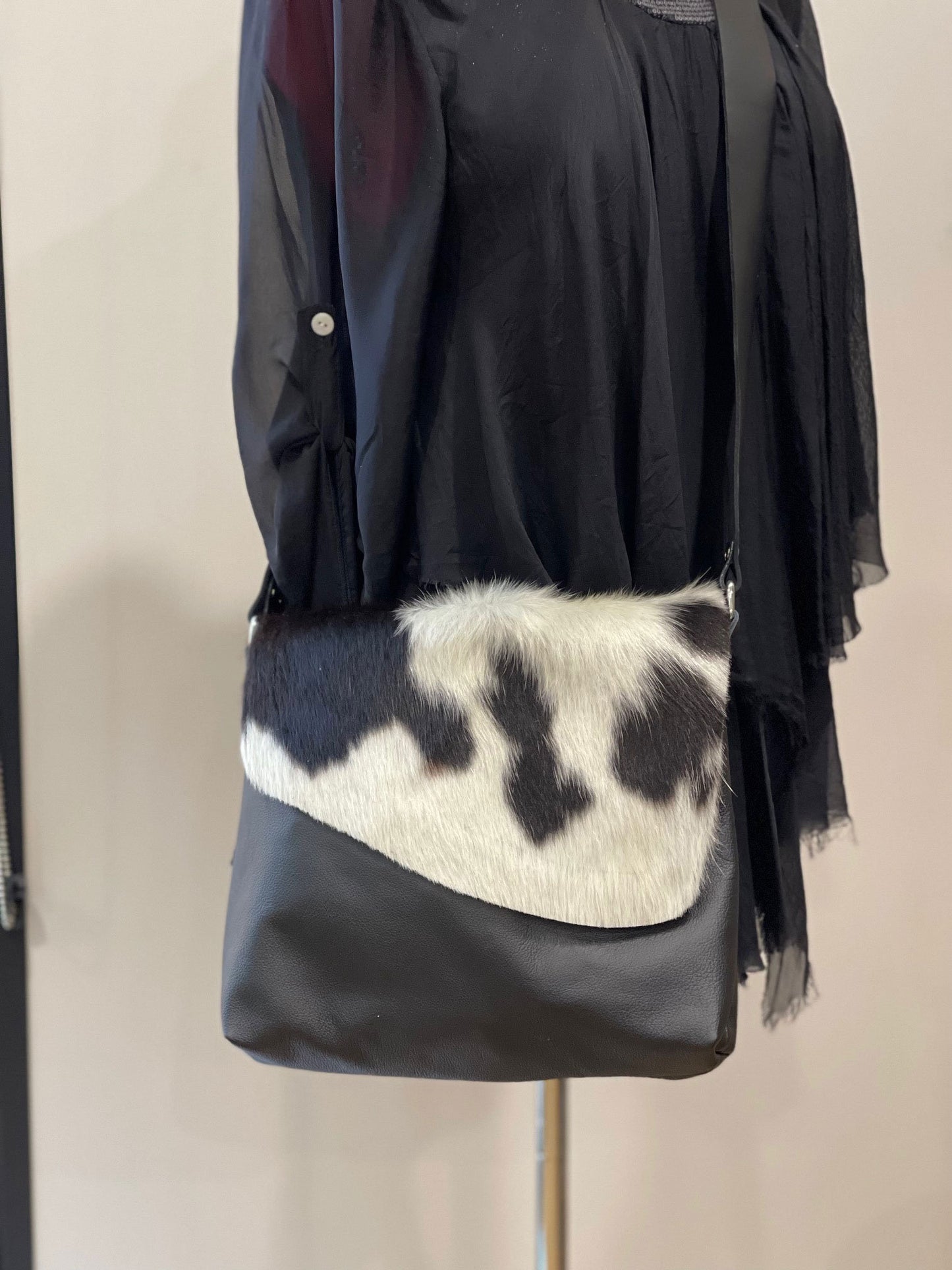Black white Cowhide Leather Crossbody
