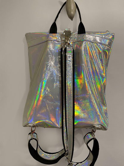 Holographic Silver leather backpack and tote