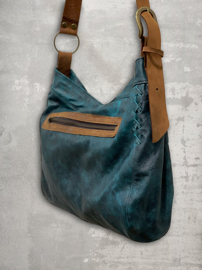 Distressed dark teal Leather Crossbody Bag