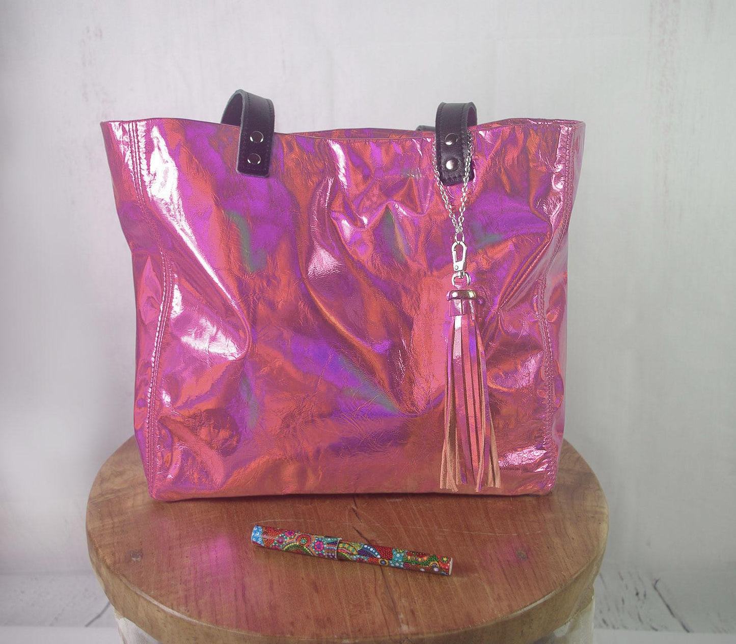 Soft pink holographic Leather Tote, Free leather purse