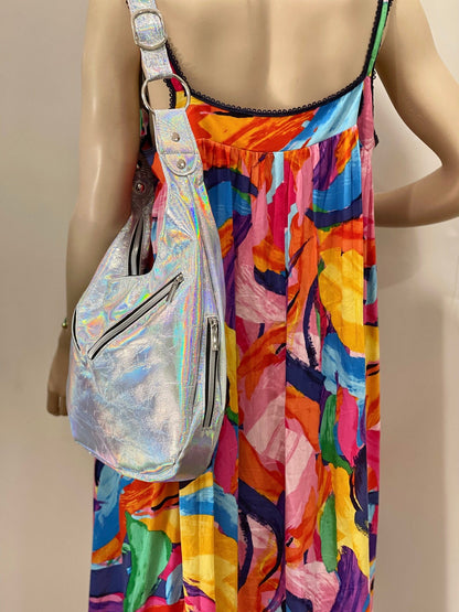 Holographic Leather Hobo with hidden pocket, fringe option Italian holographic leather
