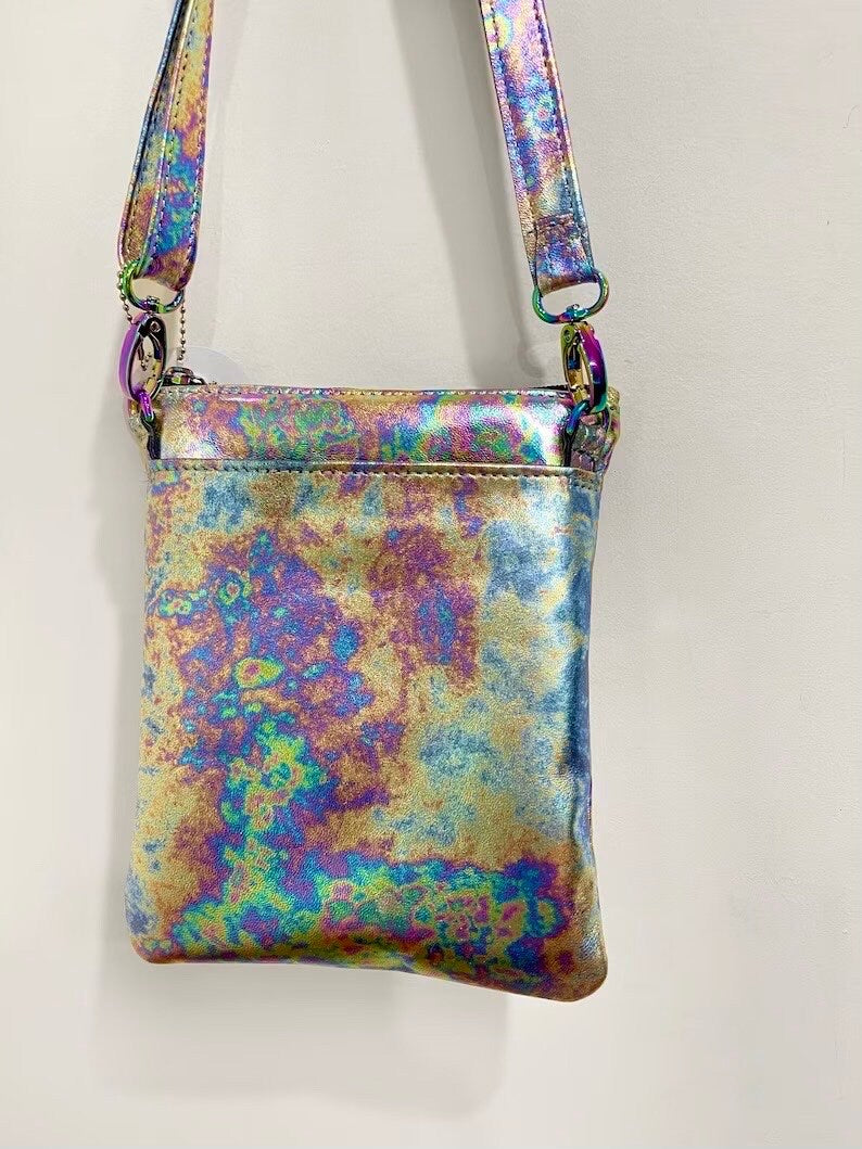 Small Metallic rainbow spectrum oil slick Leather Crossbody Bag