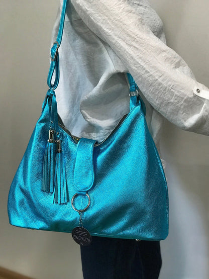 Womens metallic turquoise Italian Hobo Shoulder Bag