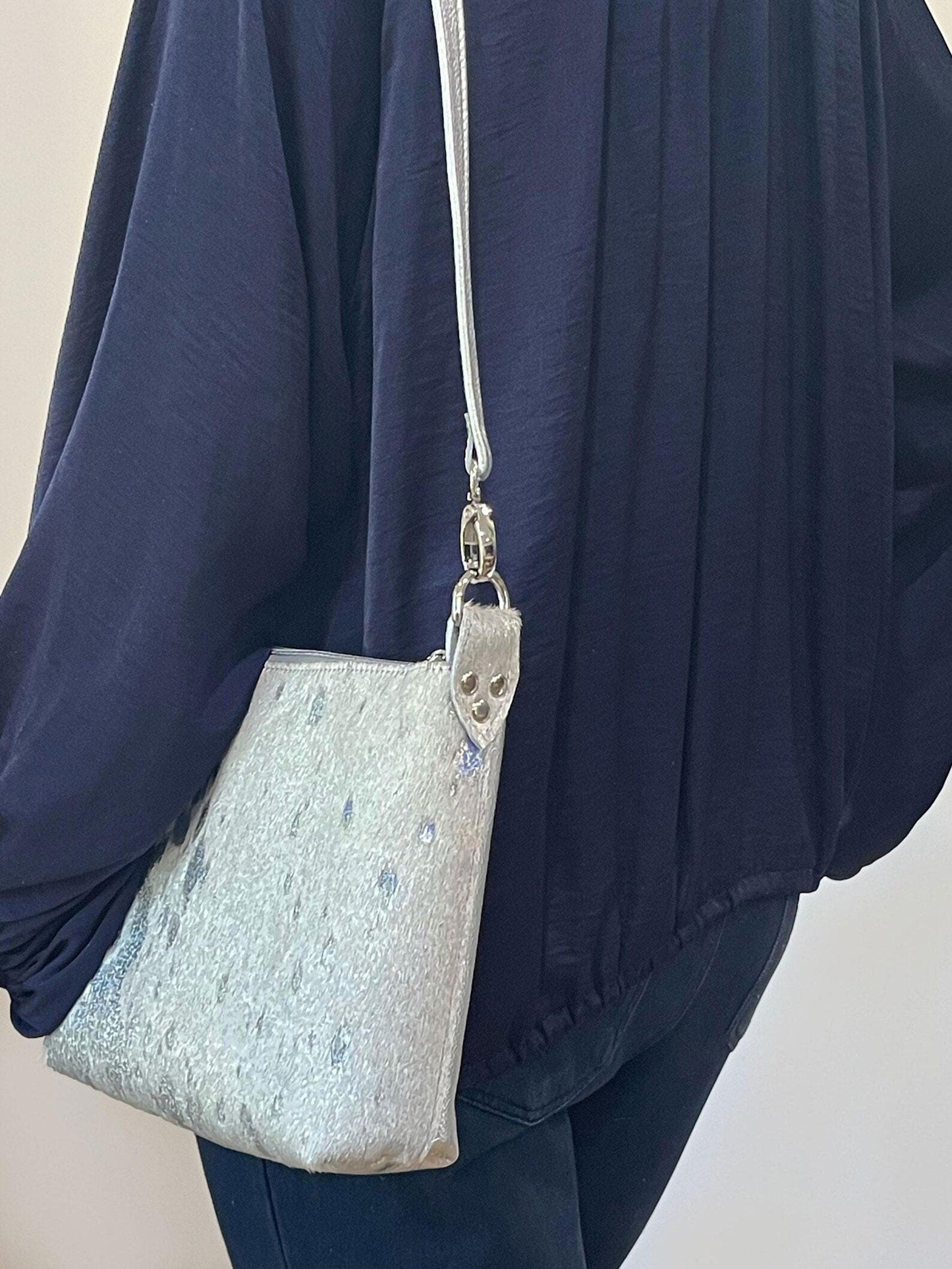 White Holographic Acid Wash Cowhide, Iridescent soft crossbody bag