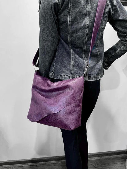 Vintaged Purple Leather adjustable crossbody bag with flap