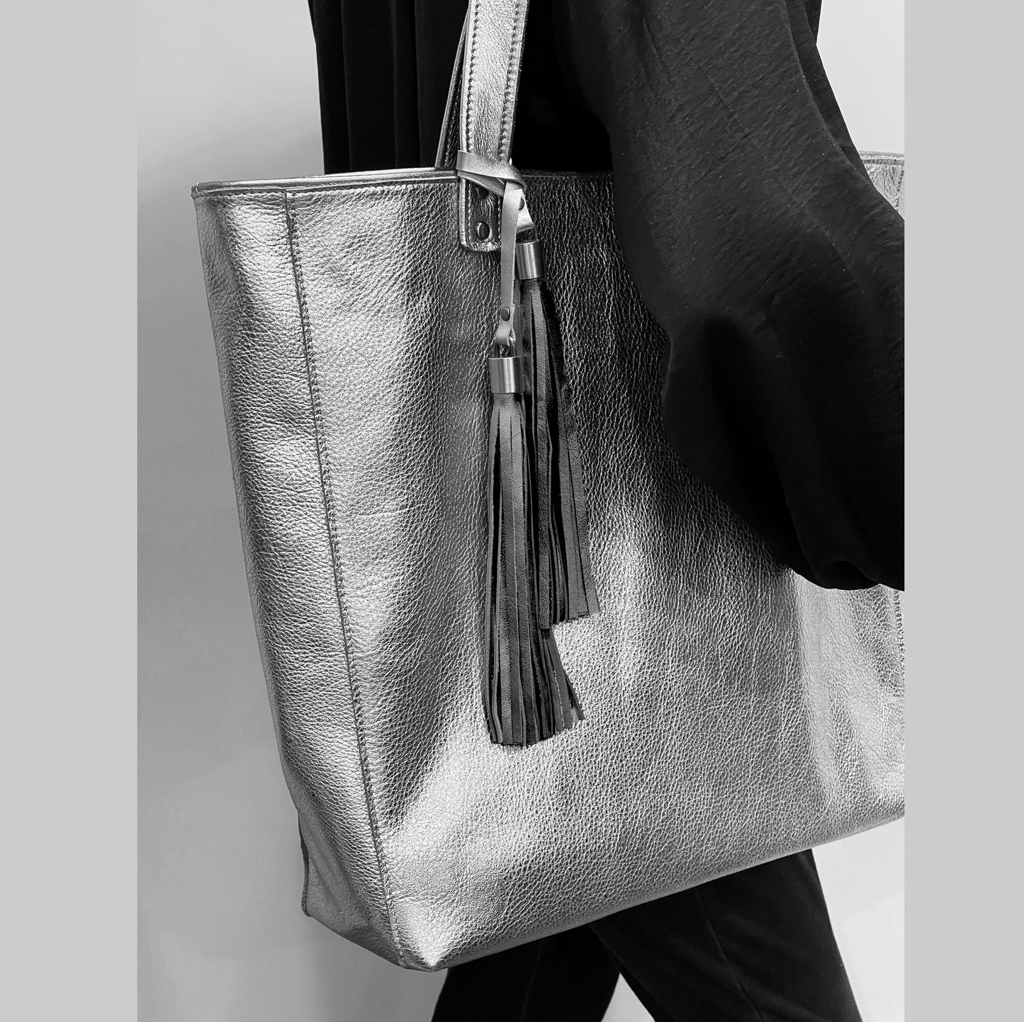Metallic Silver Leather Tote