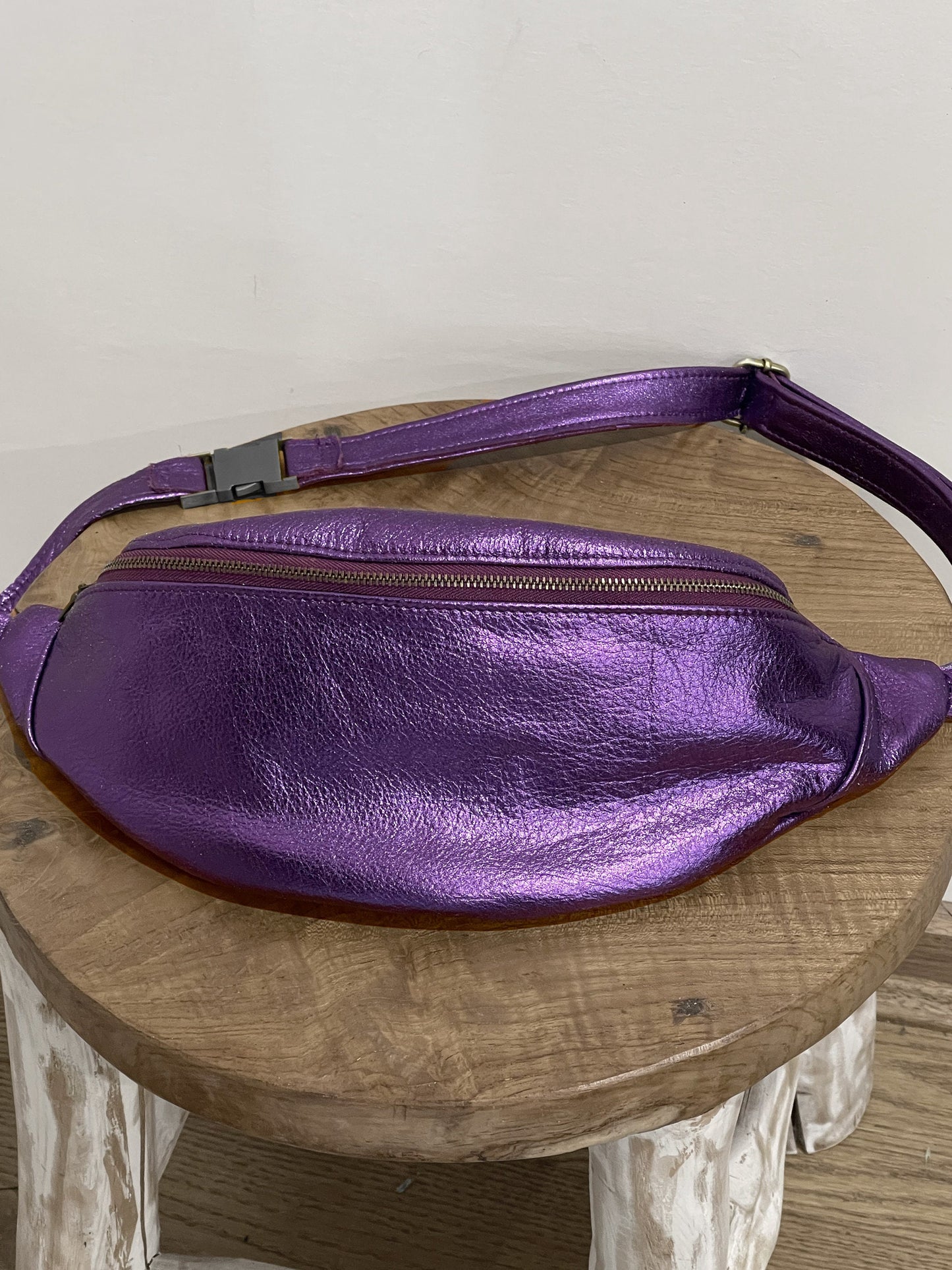 Large Metallic Purple Leather bum bag, soft leather travel bag
