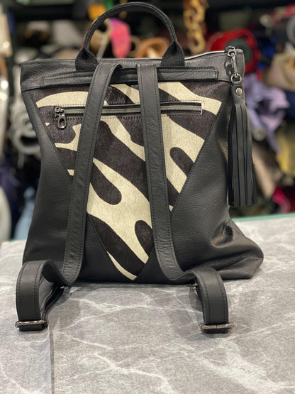 Backpack Black zebra print cowhide Leather