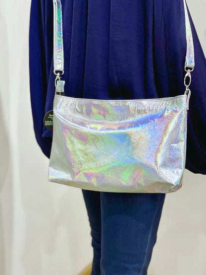 Smaller Holographic Silver crossbody bag, Italian holo leather