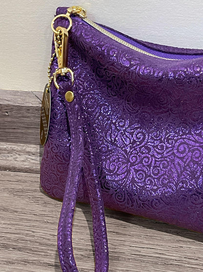 Purple Metallic leather wristlet with purple metallic print