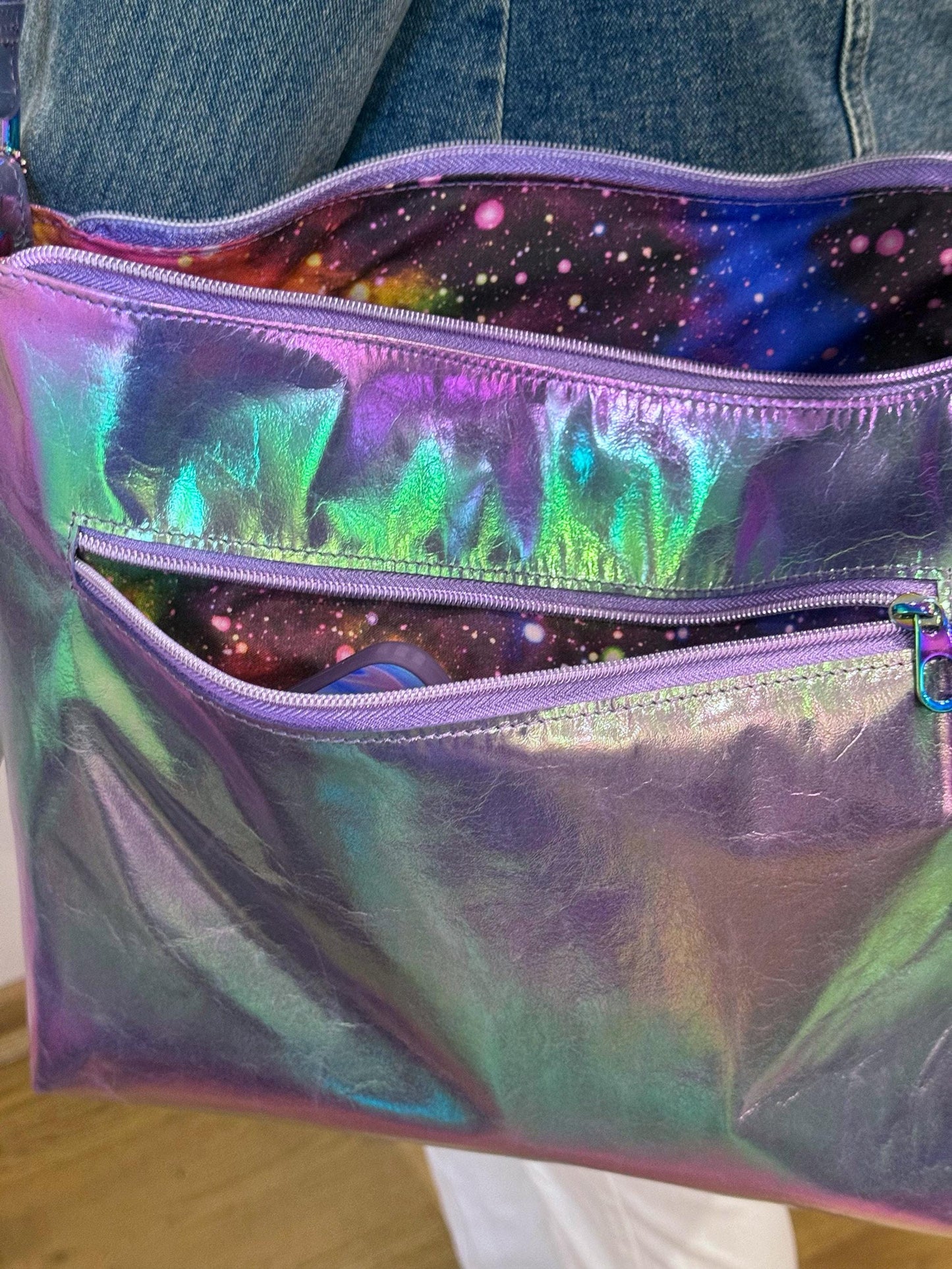 Metallic Rainbow Aurora Australis purple leather crossbody bag