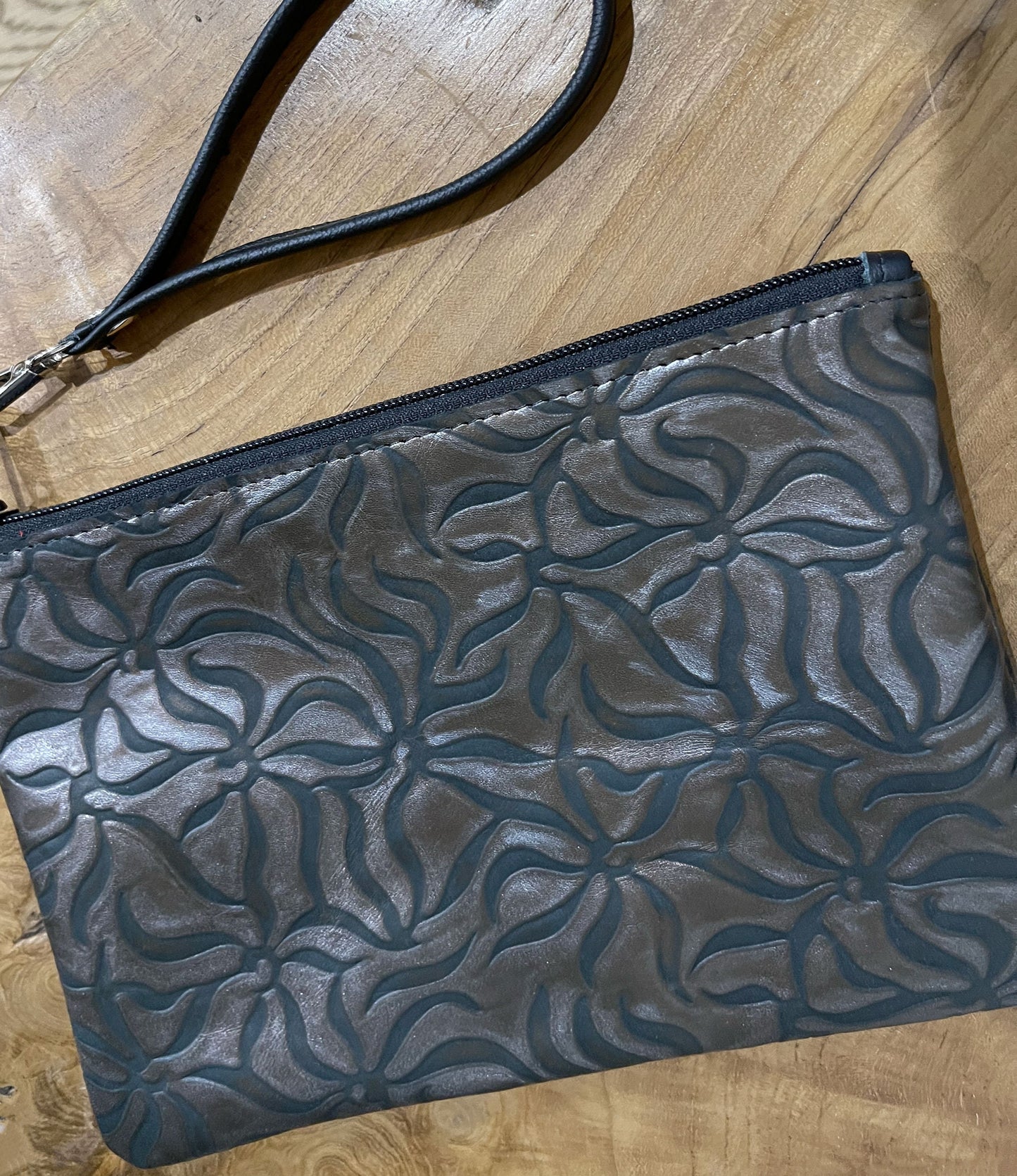 Black and multi metal embossed Wristlet, clutch, soft leather purse IN STOCK