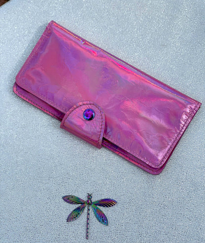 Pink Holographic Iridescent Leather Wallet Purse or wristlet, holds cards and iPhone