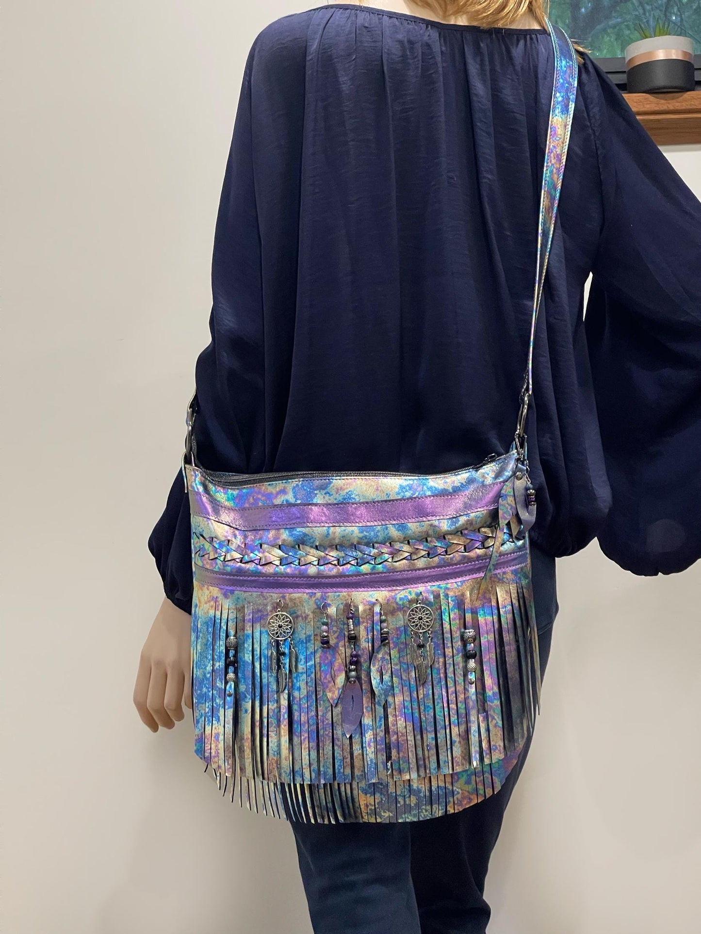 Oil slick Metallic Leather Fringe hobo bag
