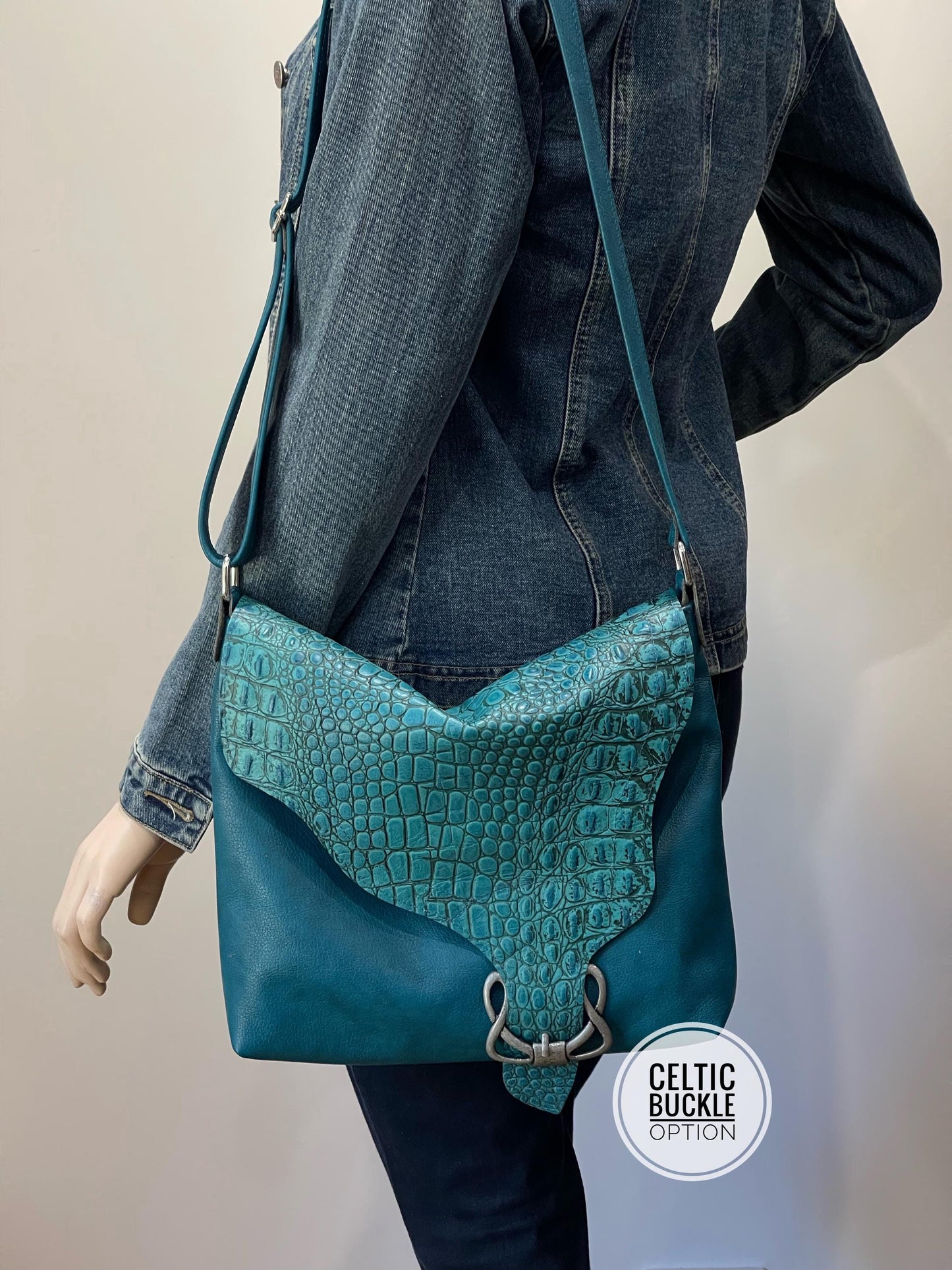 Teal leather crossbody, asymmetrical flap