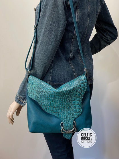 Teal leather crossbody, asymmetrical flap