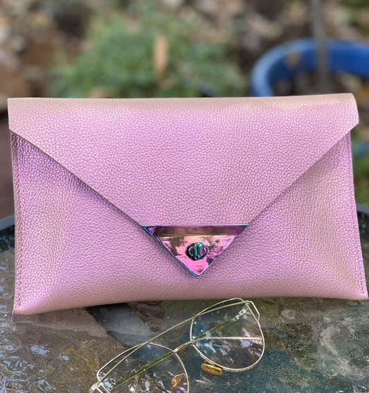 Iridescent Pink Leather clutch, Metallic, iridescent clutch purse