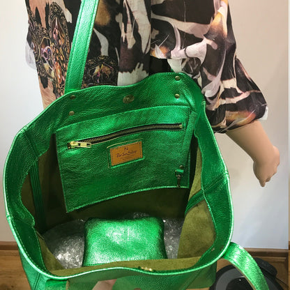 Emerald Green Metallic Leather Tote, free leather purse