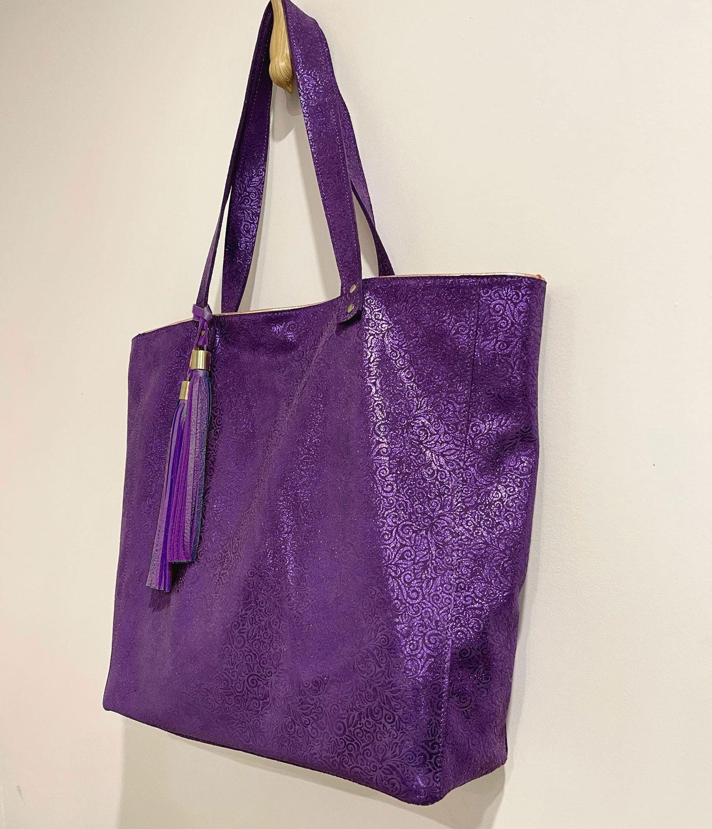 Metallic purple Tote, soft Florentine Italian print metallic leather, free zipper purse