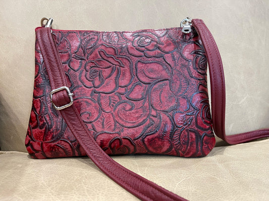 Deep red tooled floral leather wristlet or crossbody, floral embossed