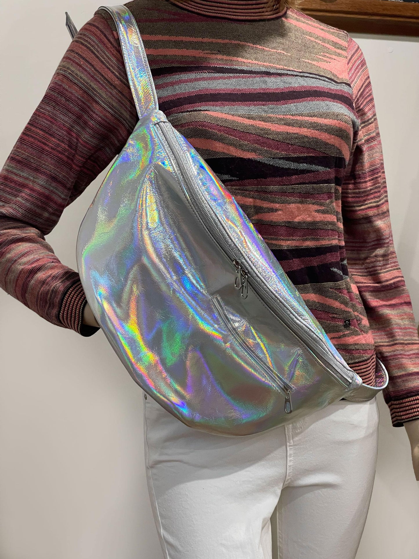 Holographic Oversized Sling bag, Italian Leather