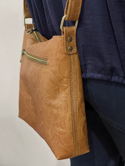Tooled Natural Tan Leather Rustic Crossbody Bag, Embossed Floral IN STOCK
