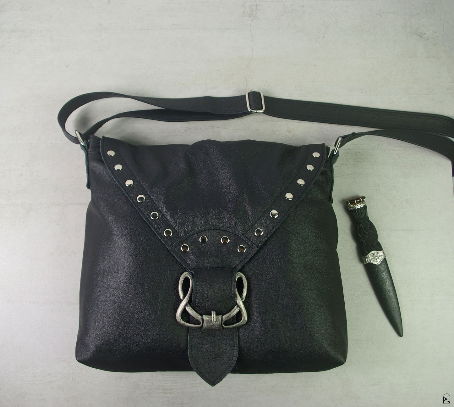 Black Celtic leather Crossbody bag with rivets