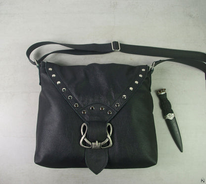 Black Celtic leather Crossbody bag with rivets